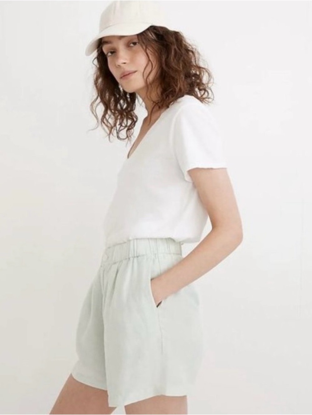 Madewell Mint Green Linen Shorts Size L Elastic Waist Coastal Summer